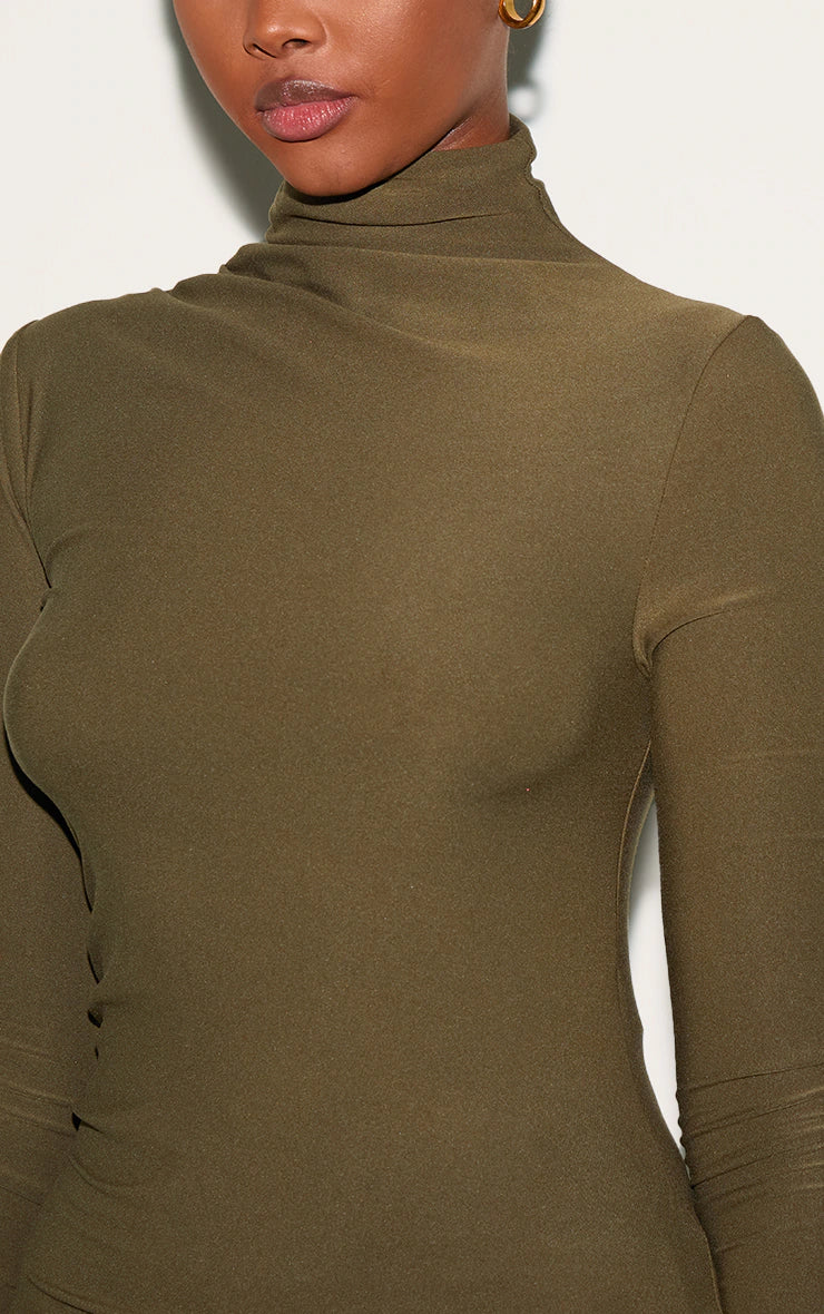 Khaki Soft Touch High Neck Ruched Sleeve Top