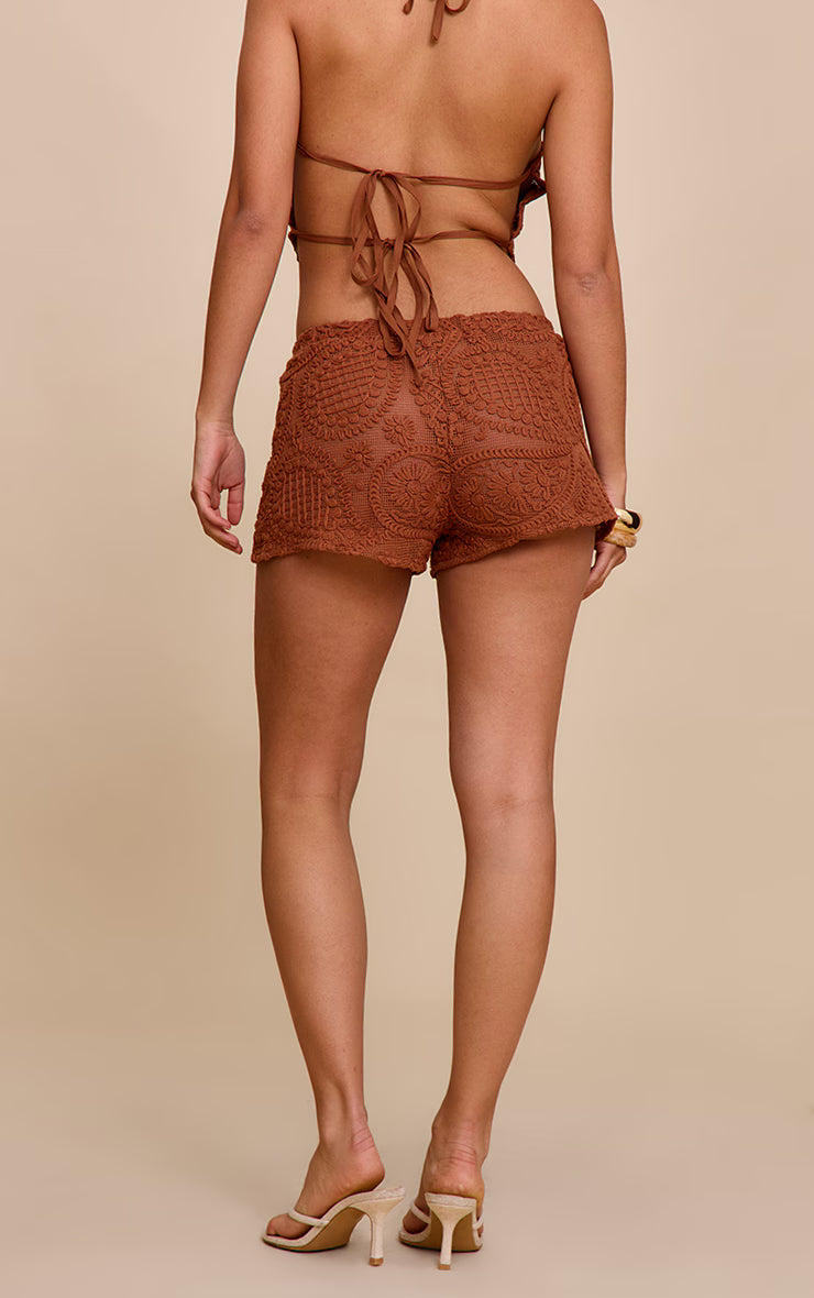 Burnt Orange Textured Embroidered Mid Rise Mini Shorts