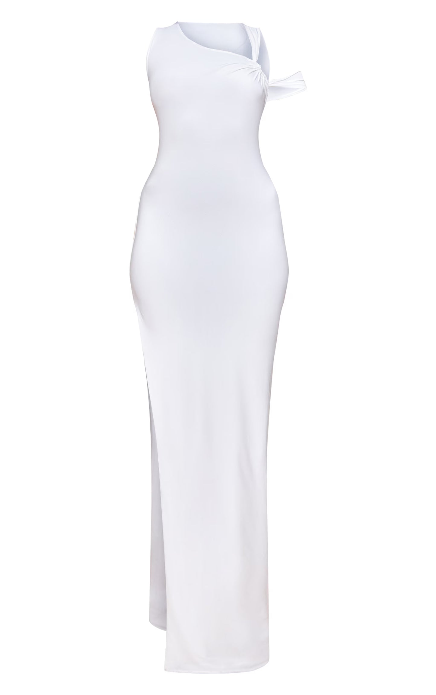 White Double Layer Slinky Ruched Shoulder Maxi Dress
