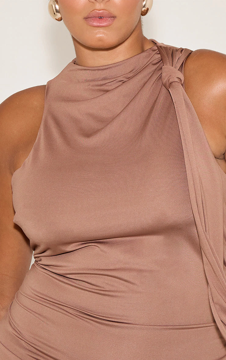 Plus Brown Soft Touch Knot Wrap Mini Dress