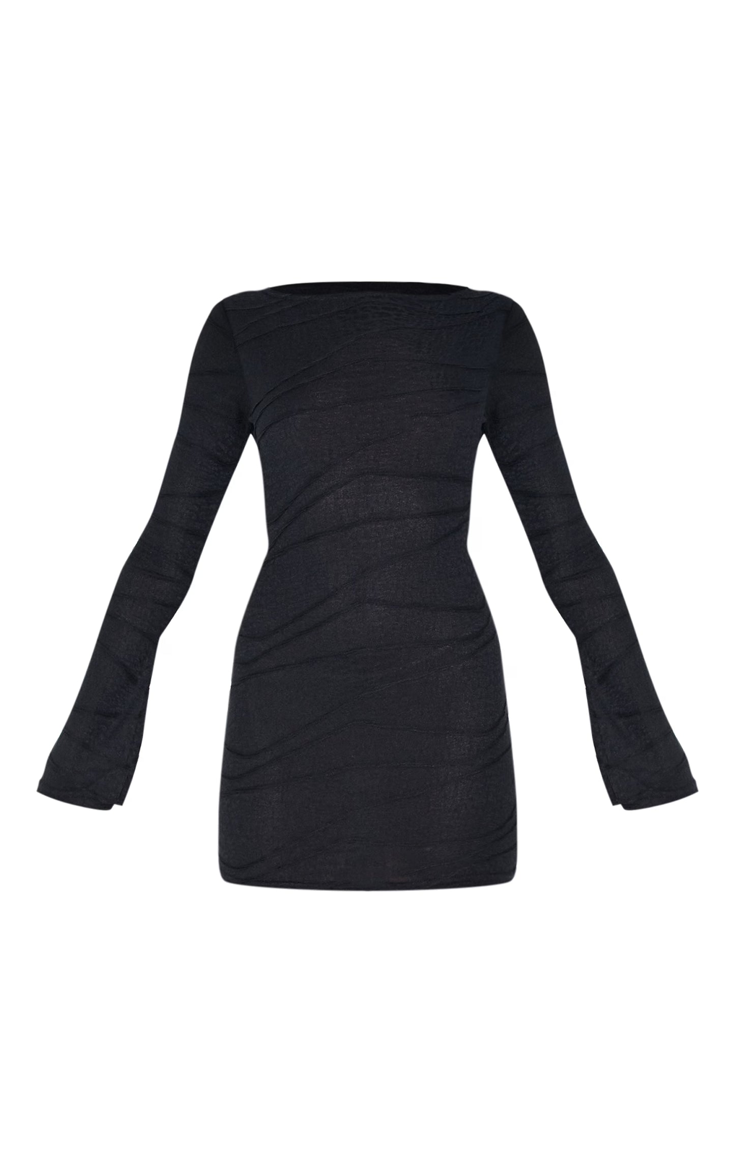 Black Textured Flared Sleeve Shift Dress