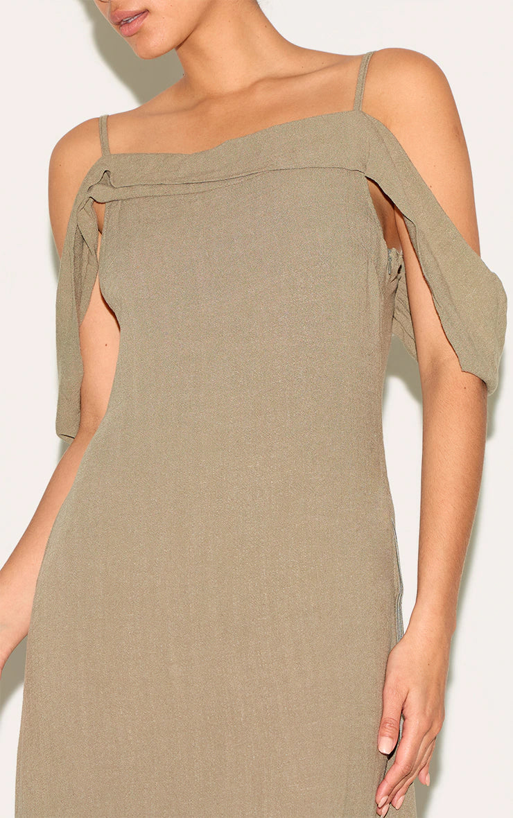 Khaki Textured Strappy Drape Detail Maxi Dress