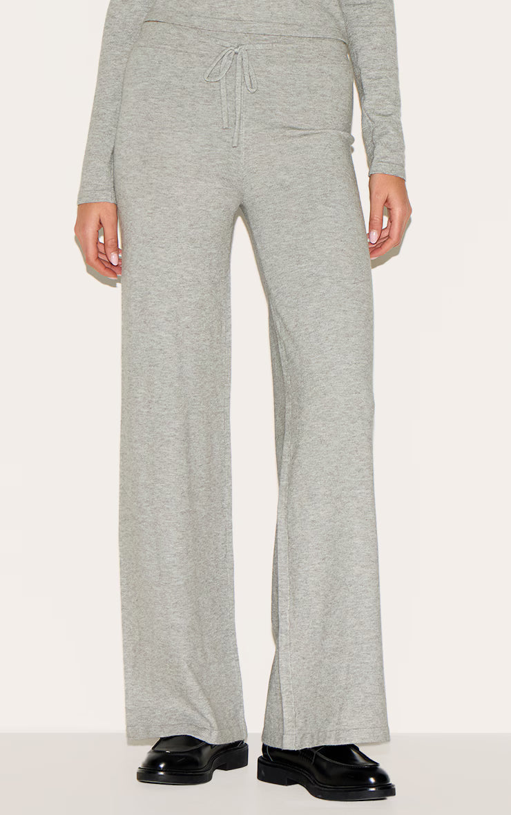 Ash Grey Soft Knit Drawstring Waist Wide Leg Pants
