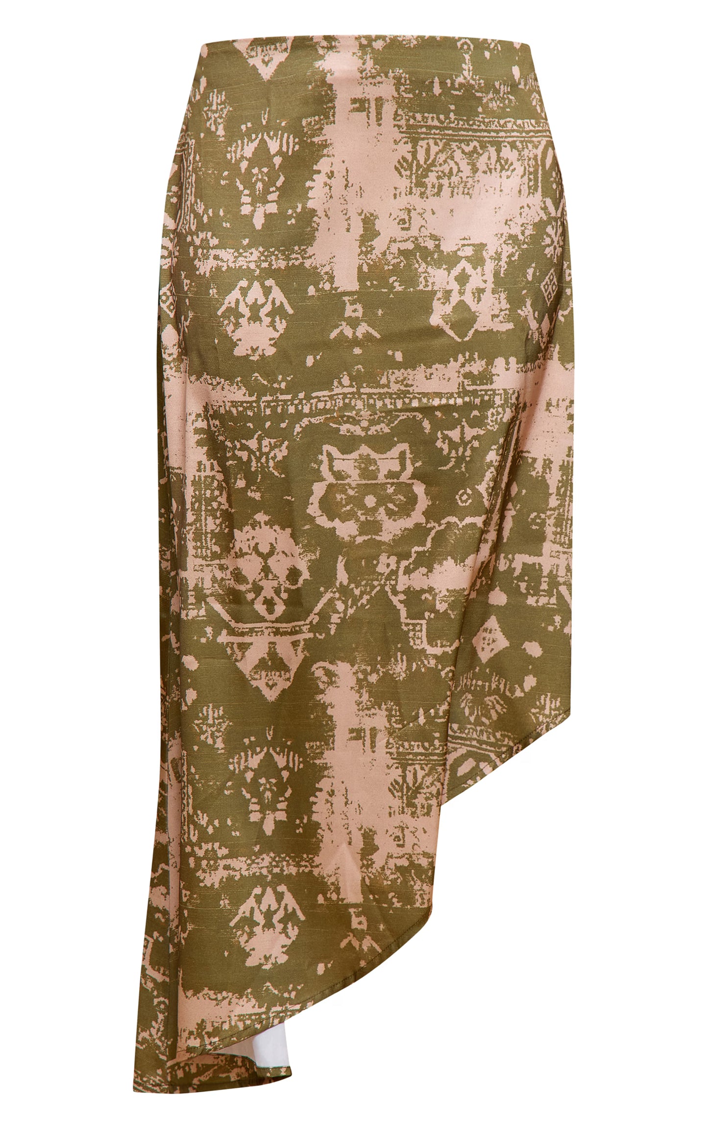 Khaki Printed Satin Asymmetric Midi Skirt