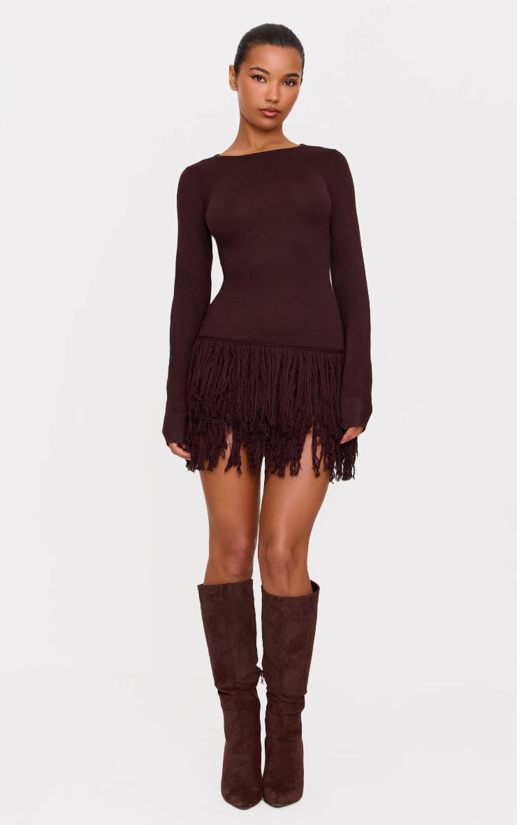 Cappuccino Fine Knit Fringe Hem Long Sleeve Micro Mini Dress