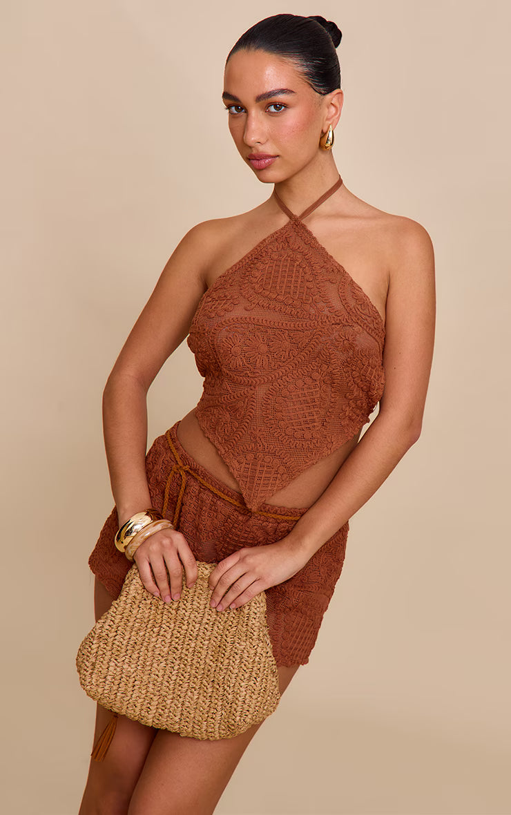 Burnt Orange Textured Embroidered Mid Rise Mini Shorts