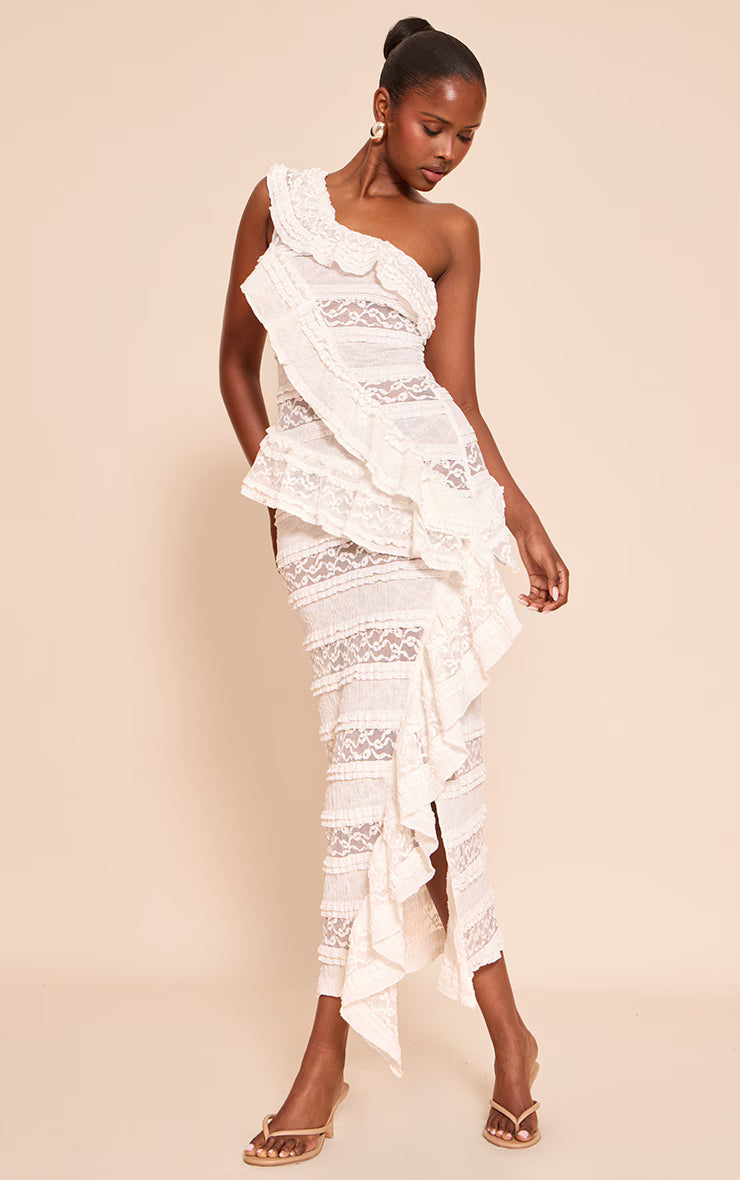 White Lace Frill Detail One Shoulder Maxi Dress
