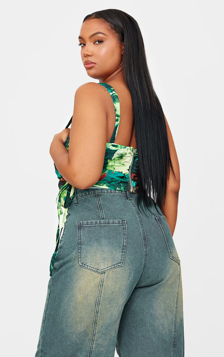 Plus Green Abstract Print Mesh Layered Corset Top