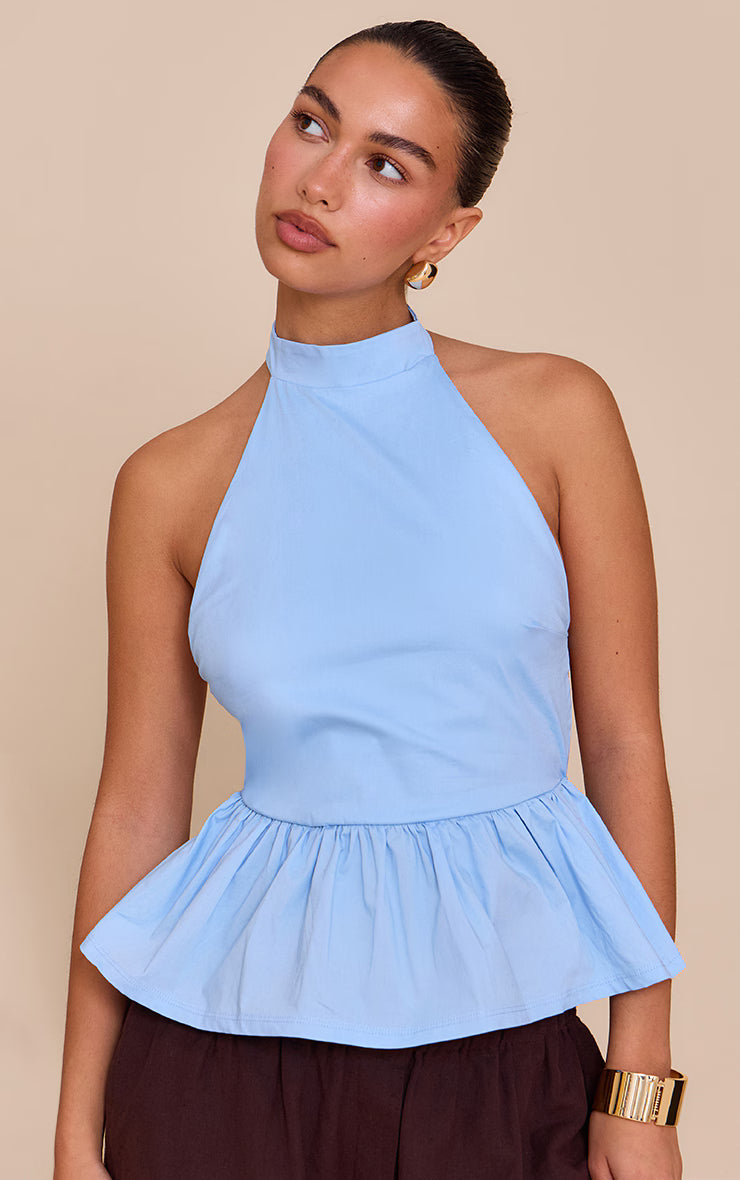 Blue Cotton Highneck Backless Long Top
