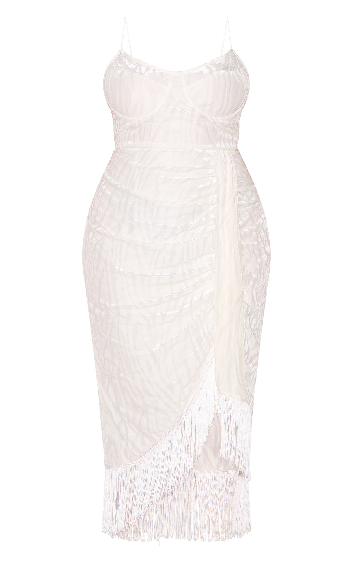 Plus White Devore Tassel Detail Underwired Draped Midi Dress