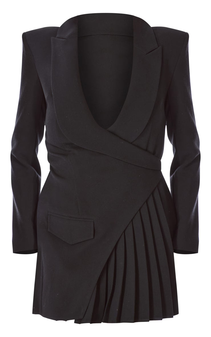 PLT Label Black Asymmetric Pleated Blazer Dress