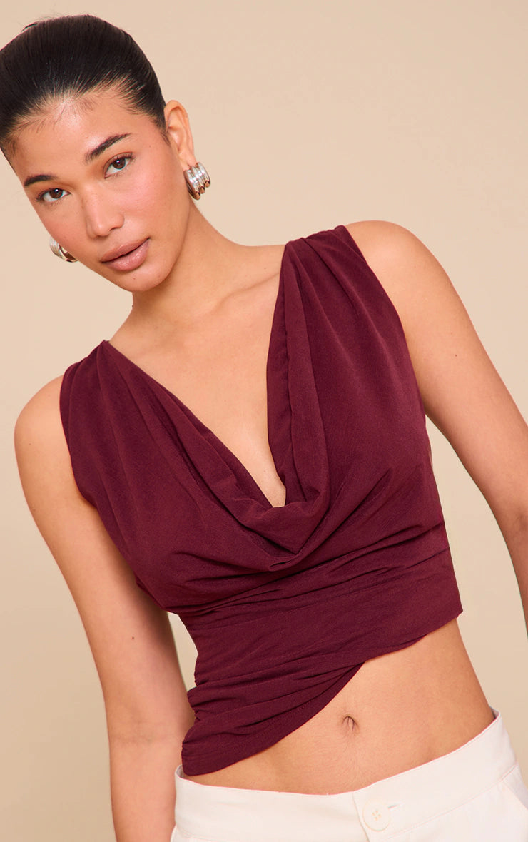 Wine Stretch Chiffon Cowl Neck Long Top