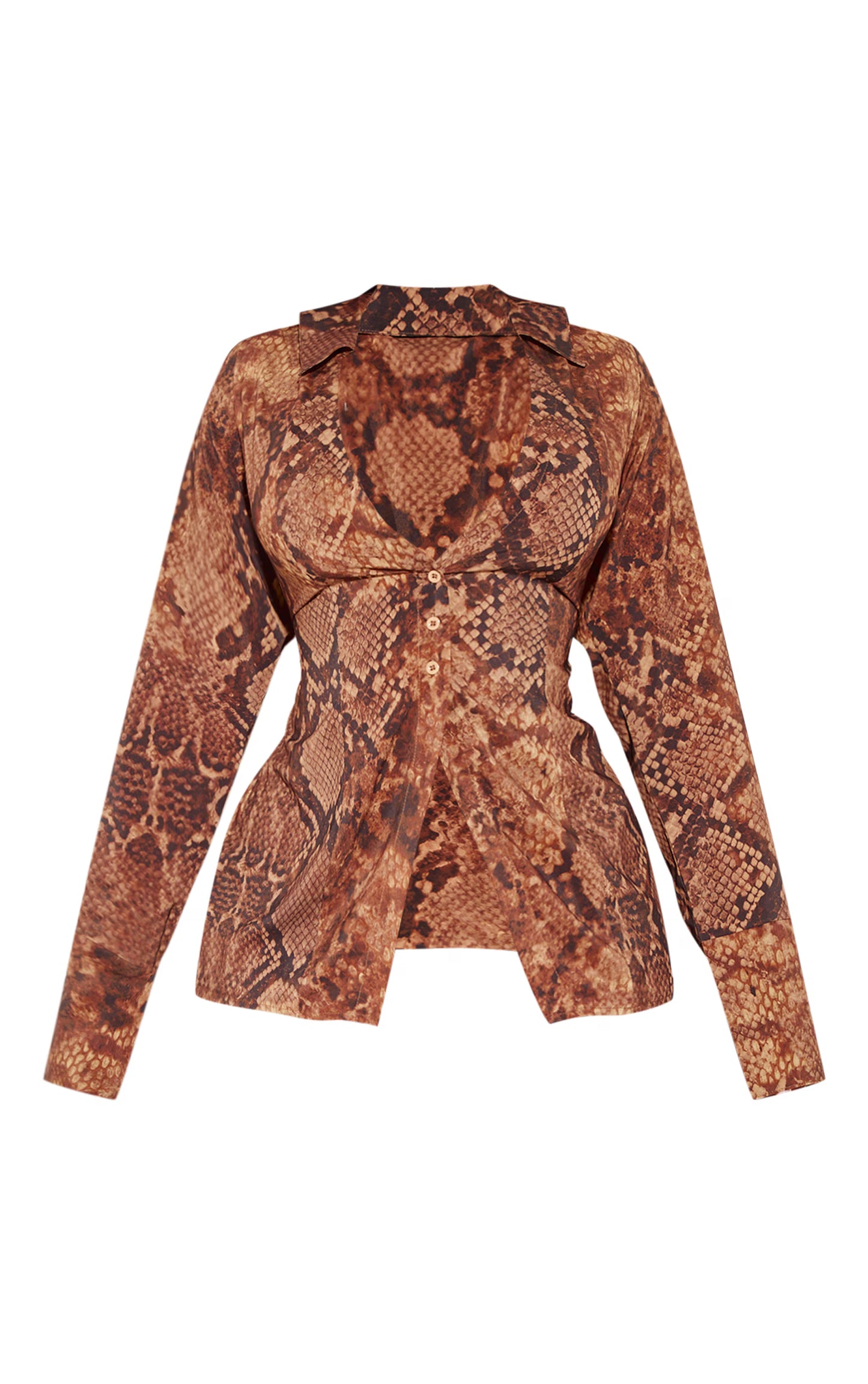 Plus Deep Brown Snake Print Chiffon Fitted Shirt