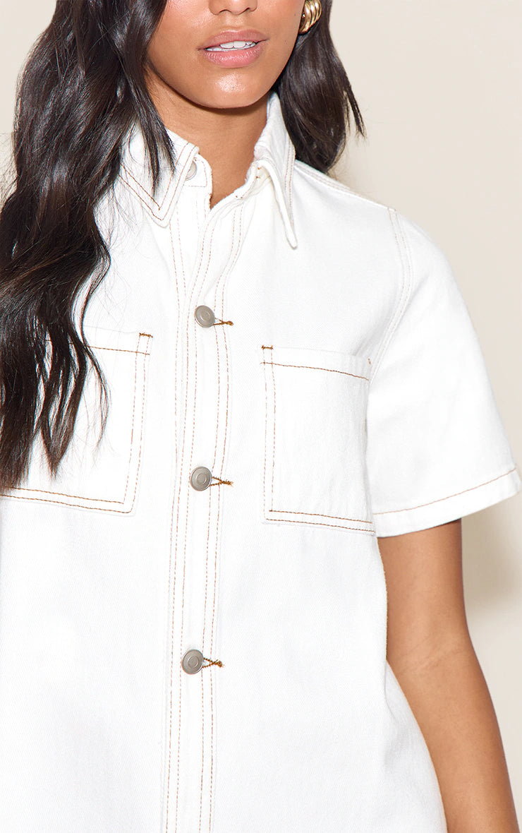 White Contrast Stitch Denim Shirt Dress