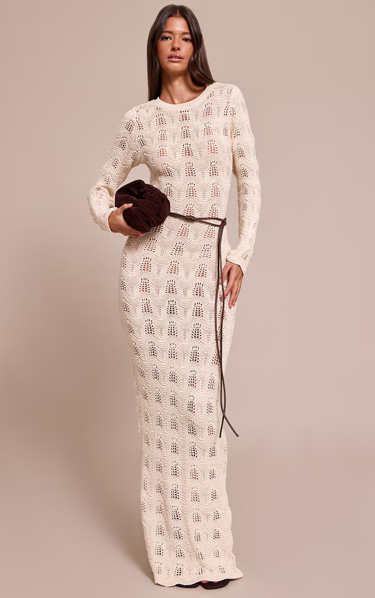Cream Long Sleeve Backless Knitted Maxi Dress
