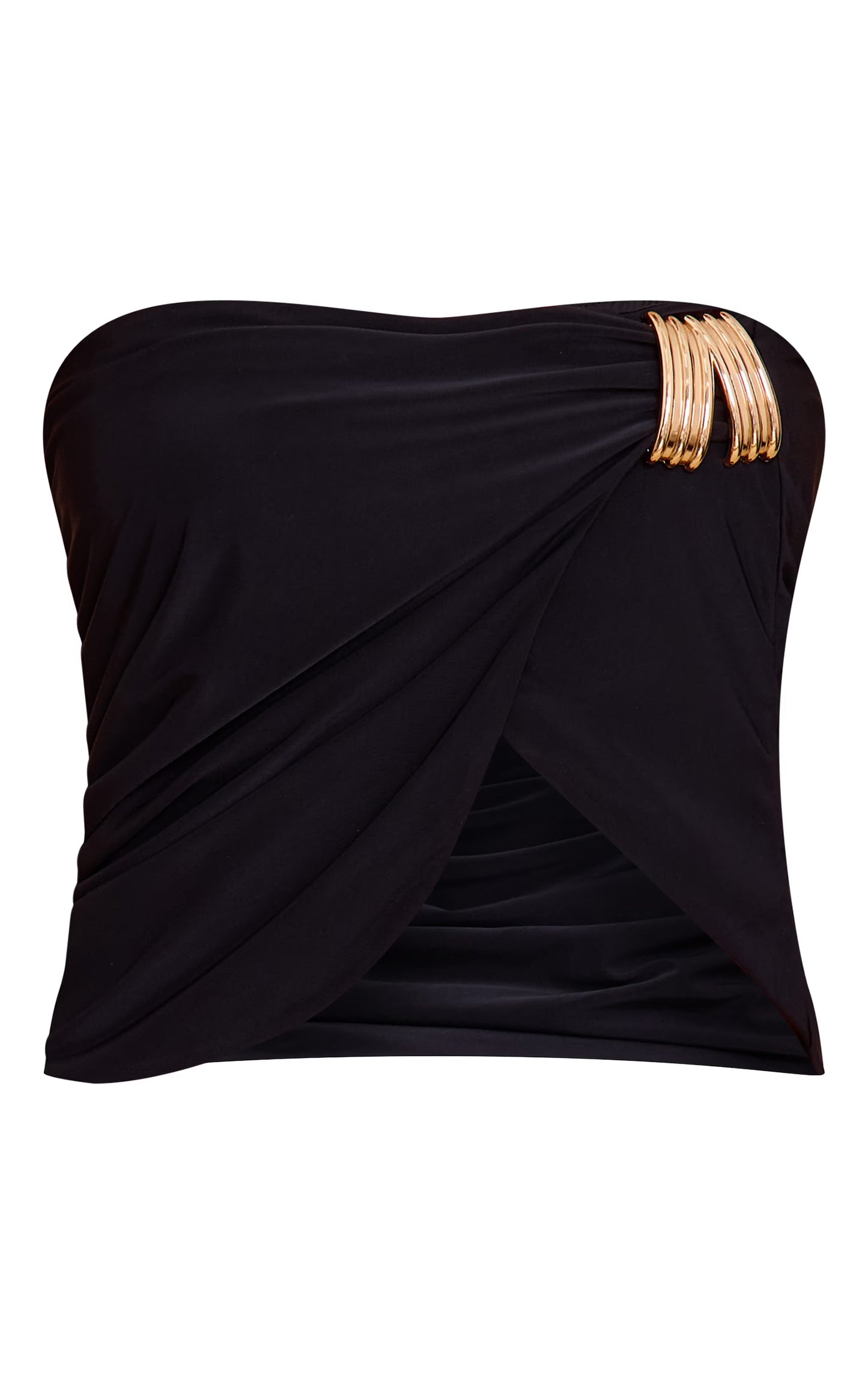 Black Double Layer Slinky Bandeau Split Hem Trim Top