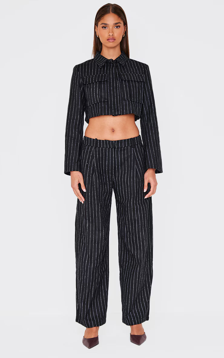Black Premium Pinstripe Pocket Detail Cropped Shirt