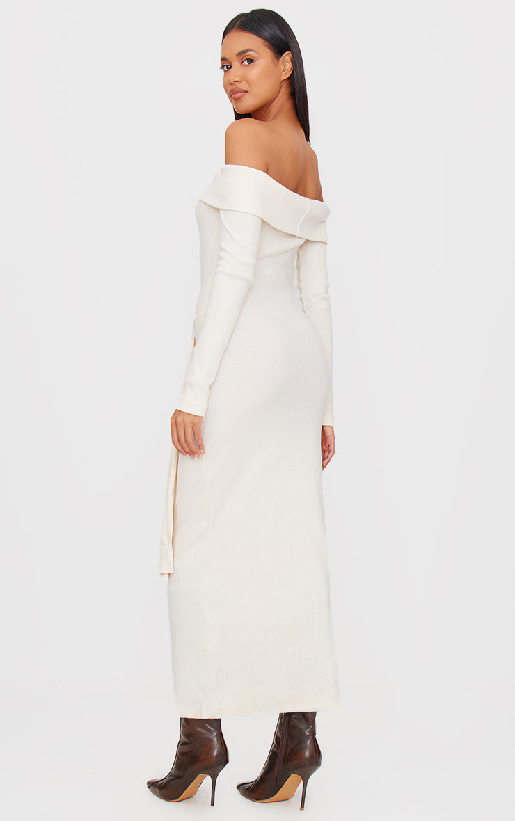 Cream Heavy Brushed Rib Bardot Wrap Detail Maxi Dress
