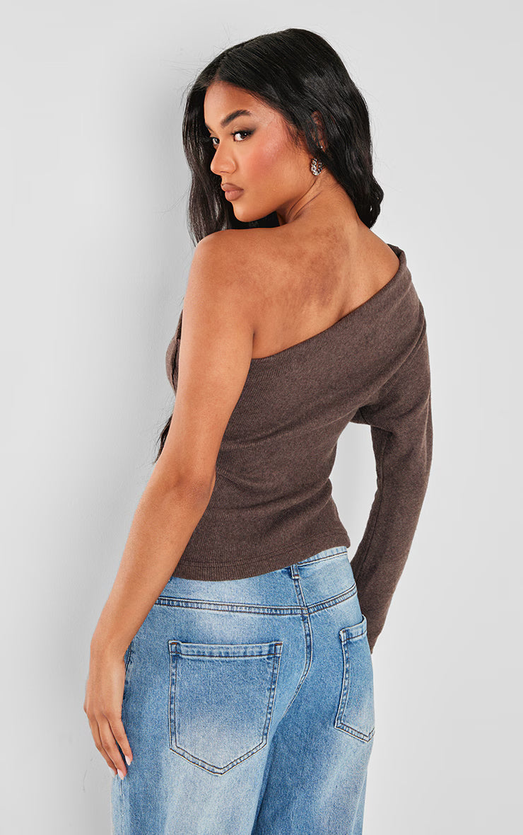 Chocolate Brushed Rib Asymmetric Shoulder Long Top