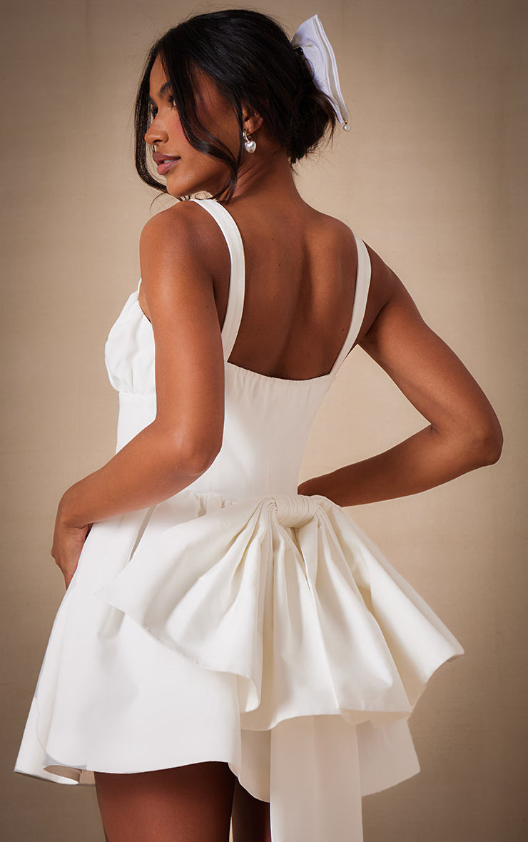 Premium White Woven Bow Detail Mini Dress