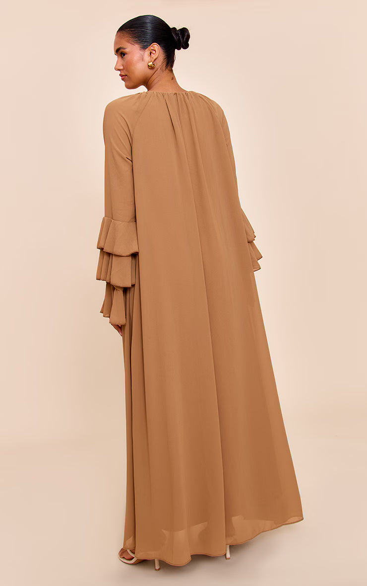 Chocolate Chiffon Frill Sleeve Detail Maxi Dress
