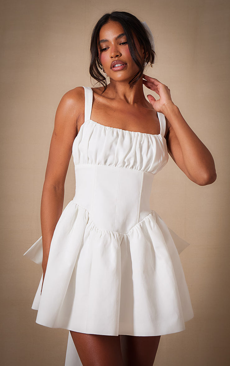 Premium White Woven Bow Detail Mini Dress
