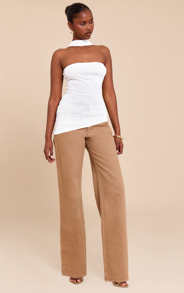 Cream Crinkle Mesh Scarf Detail Asymmetric Long Top