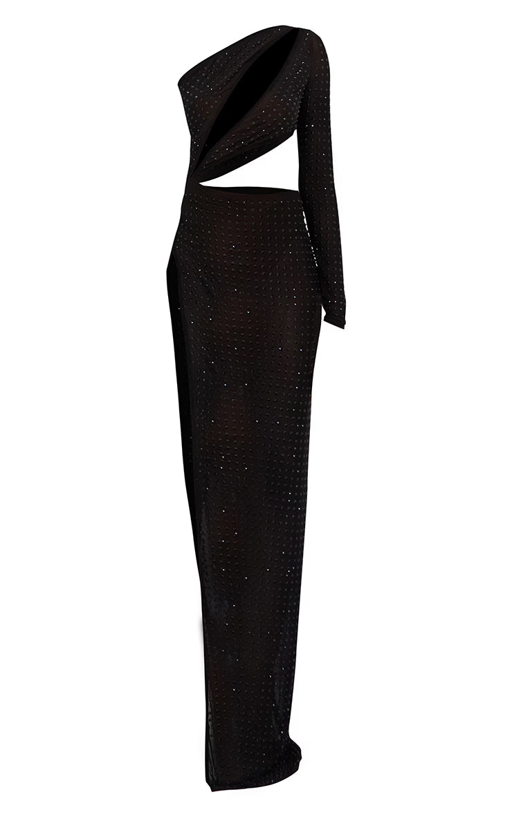 Black Embellished Mesh One Sleeve Extreme Cut Out Maxi Dress