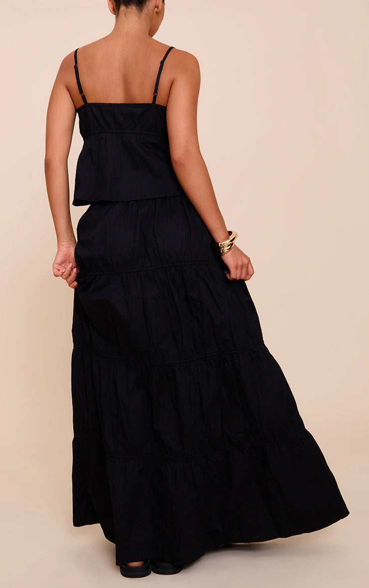 Black Cotton Poplin Drawstring Tired Floaty Maxi Skirt