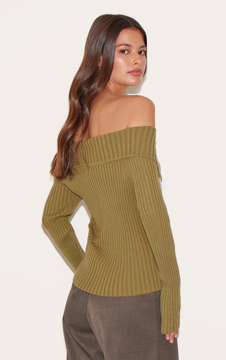 Olive Rib Knit Fold Over Button Up Top