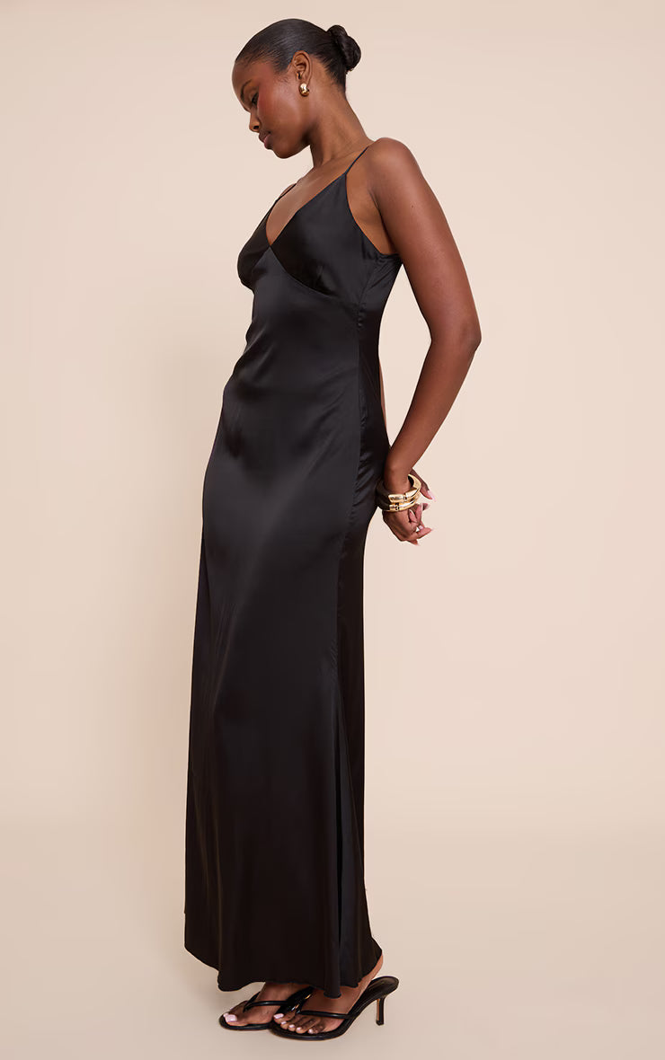 Black Satin Strappy Maxi Dress