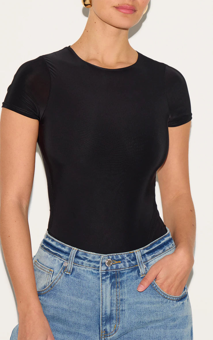 Black Basic Slinky Short Sleeve Bodysuit