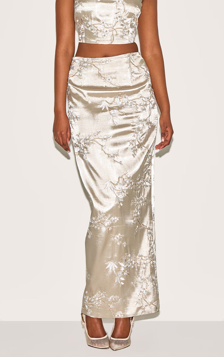 Pastel Green Floral Embroidered Maxi Skirt