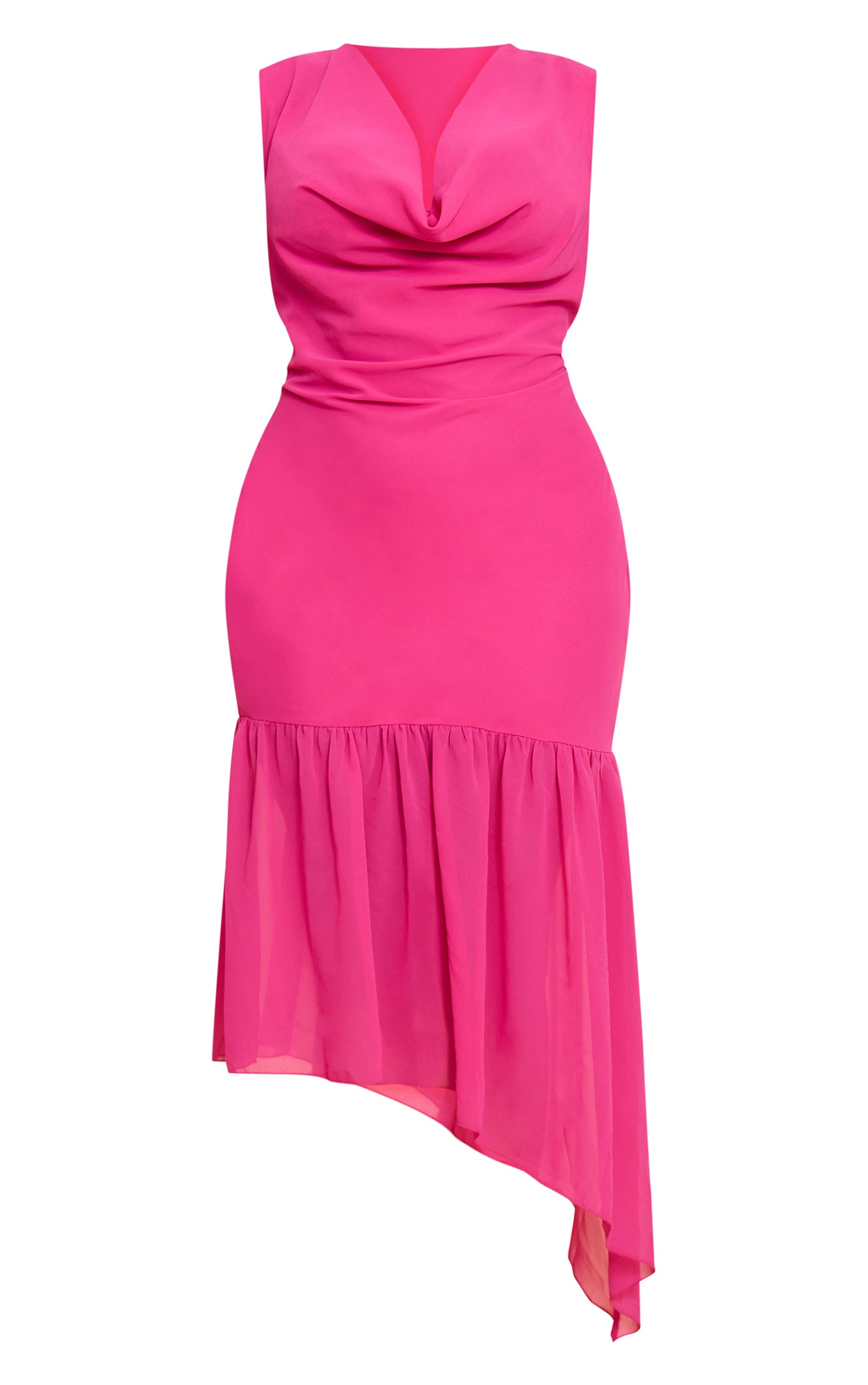 Plus Fuschia Chiffon Drape Detail Asymmetric Midaxi Dress