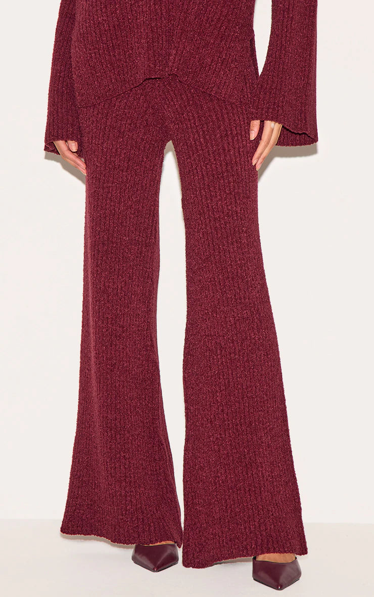 Burgundy Rib Boucle Knit Wide Leg Pants