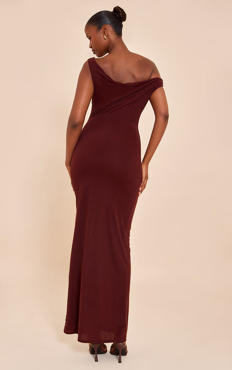 Chocolate Double Layered Chiffon Asymmetric Maxi Dress