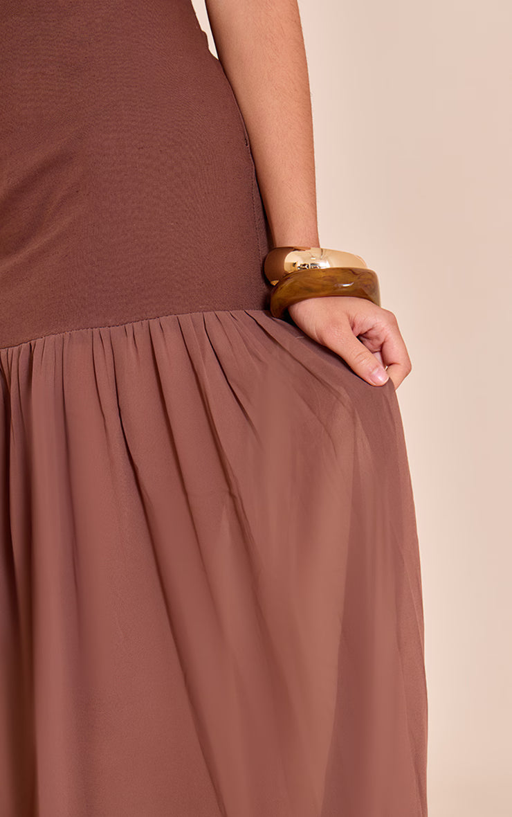 Chocolate Linen Look Strappy Dropped Waist Maxi Dress