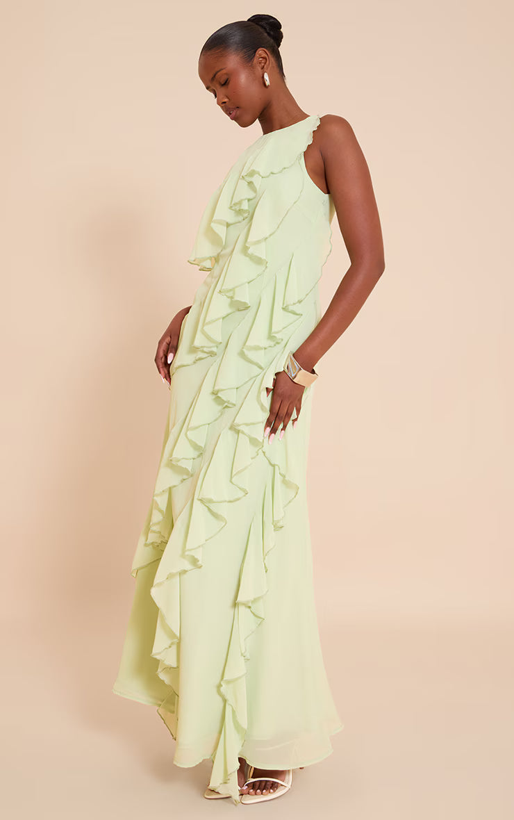 Sage Boat Neck Frill Detail Sleeveless Maxi Dress