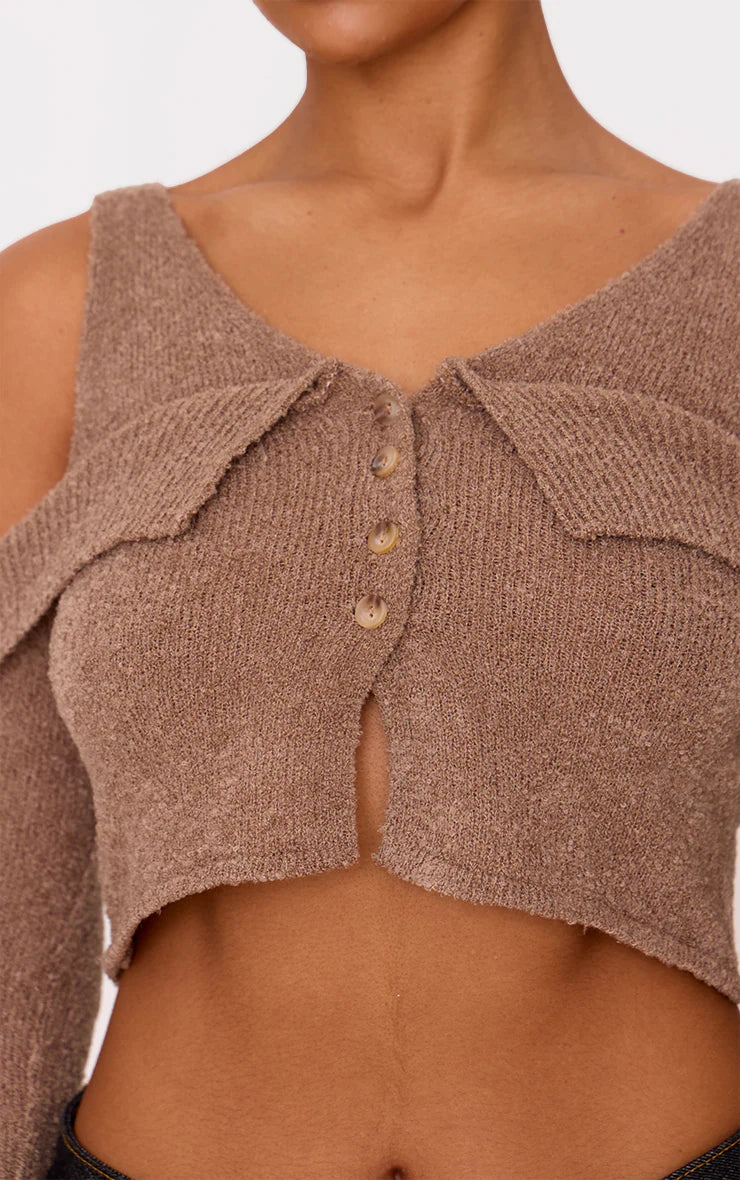 Taupe Boucle Knit Cold Shoulder Button Up Top