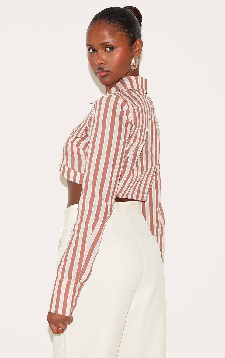 Brown Striped Curved Hem Cropped Shirt