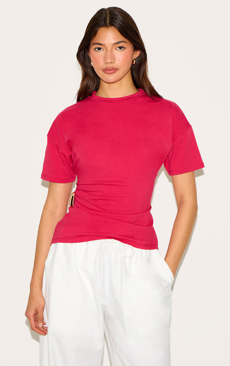 Red Trim Detail Asymmetric Hem T Shirt