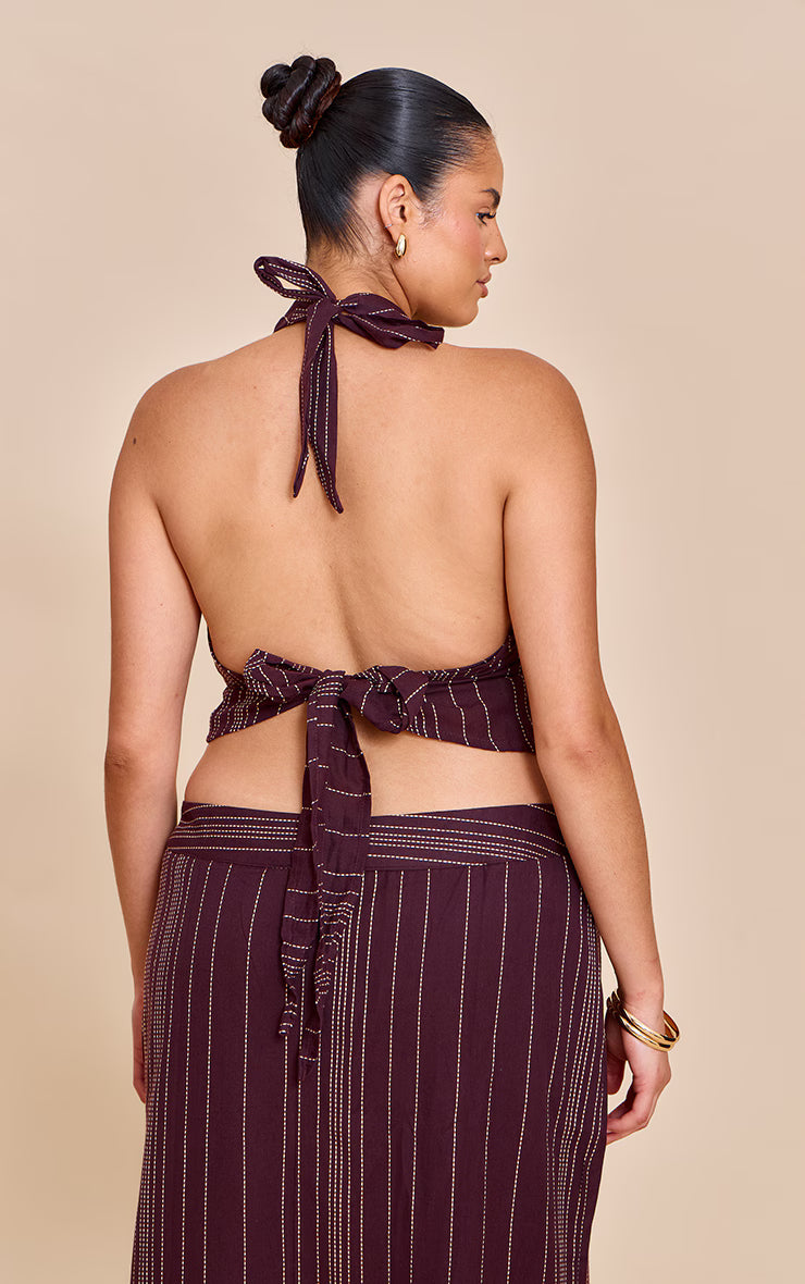 Plus Brown Stripe Embroidered Halterneck Top