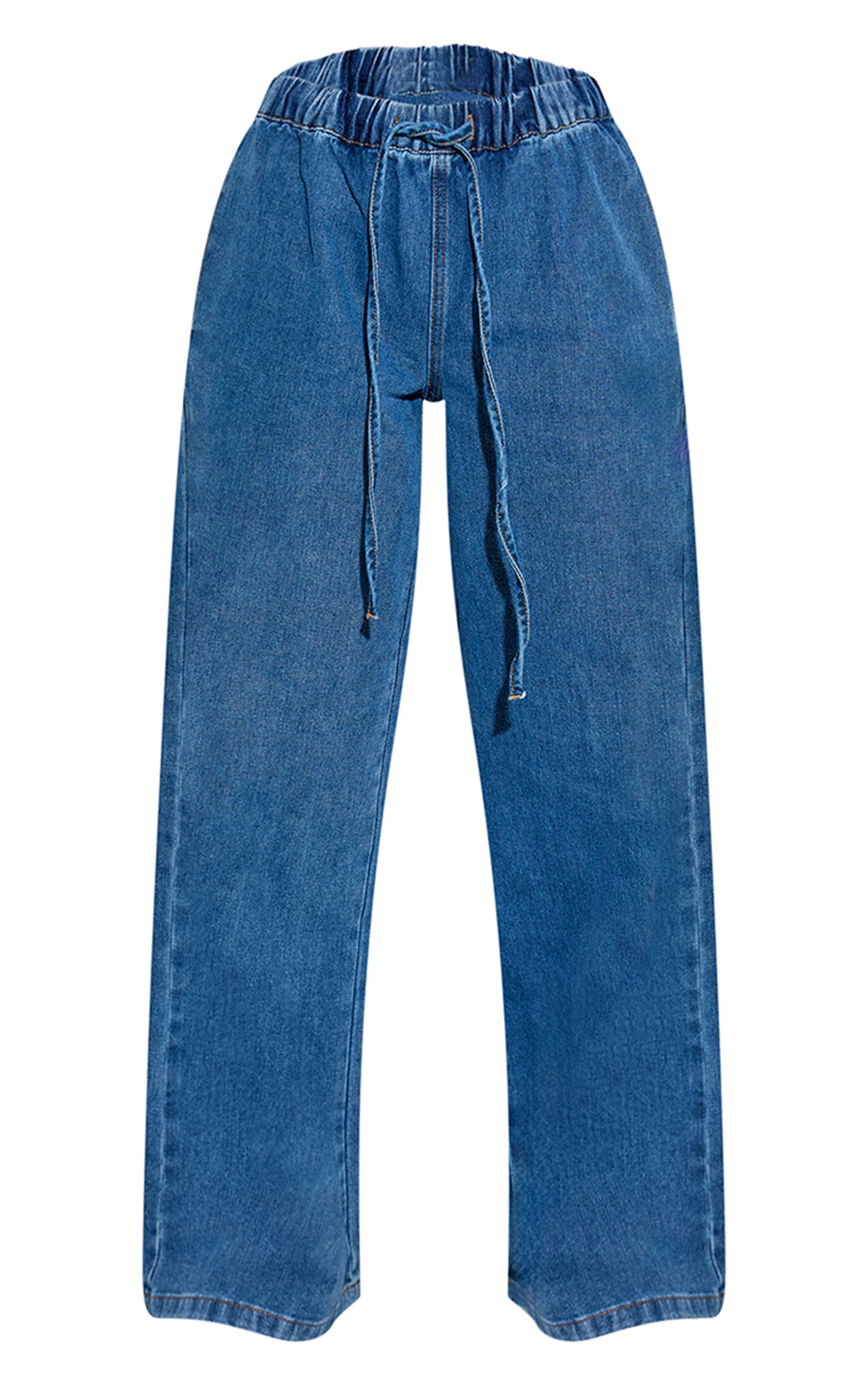 Mid Blue Relaxed Tie Waistband Wide Leg Jeans