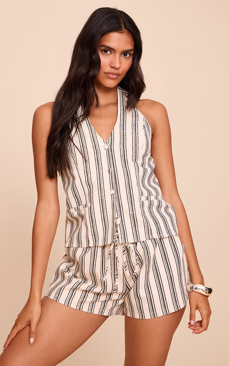 Natural Textured Stripe Halter Tie Back Vest