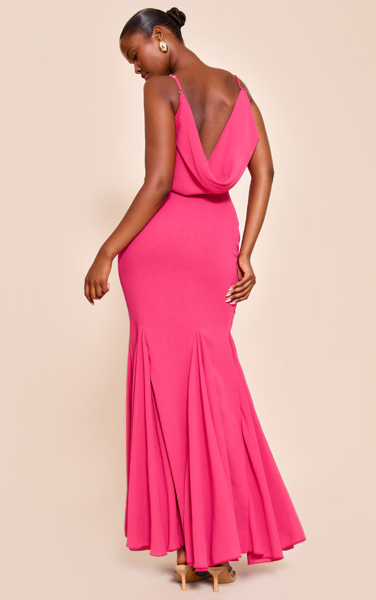 Fuschia Chiffon Scoop Neck Cowl Back Sleeveless Maxi Dress