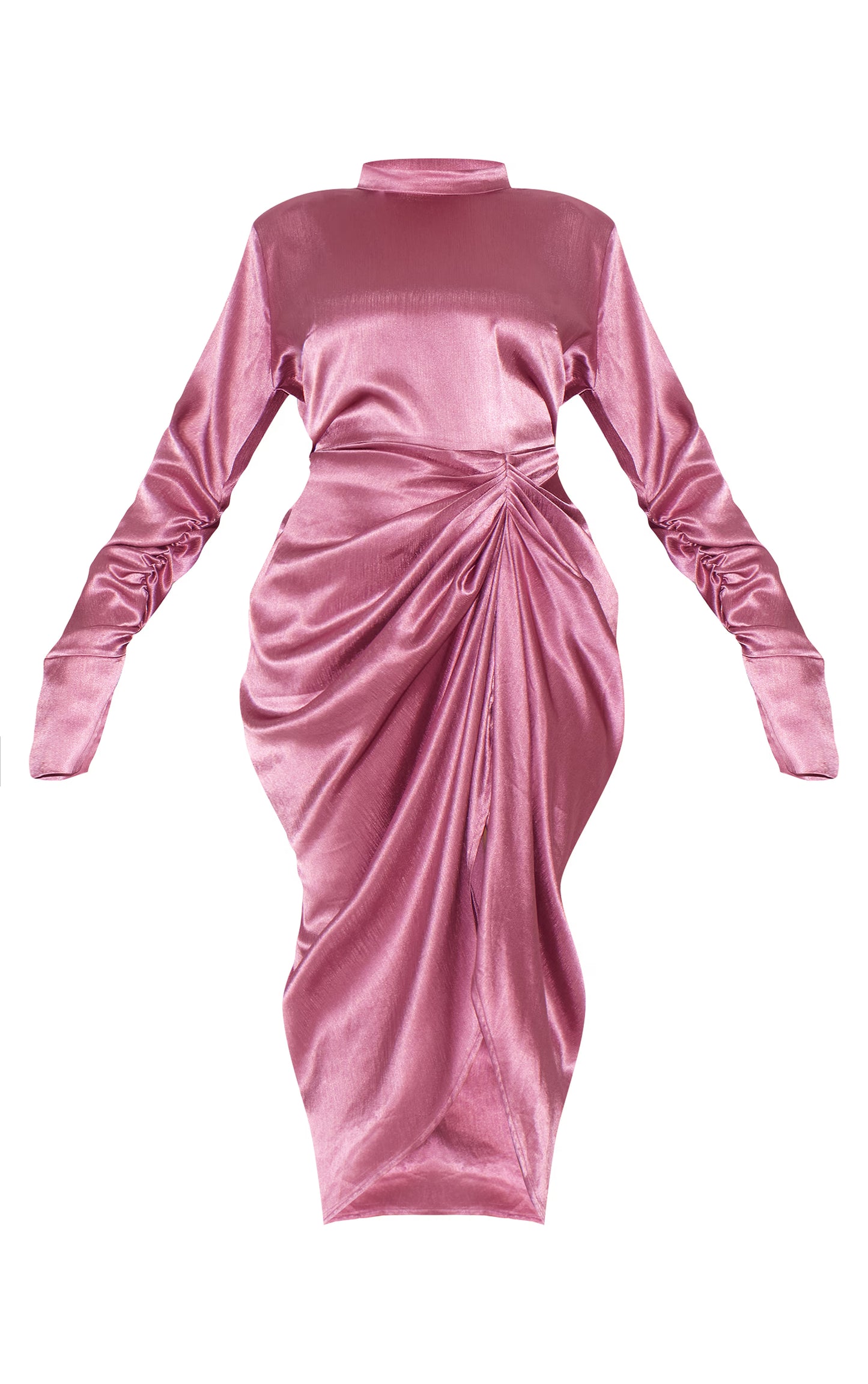 Plus Deep Rose High Neck Ruching Detail Satin Midi Dress