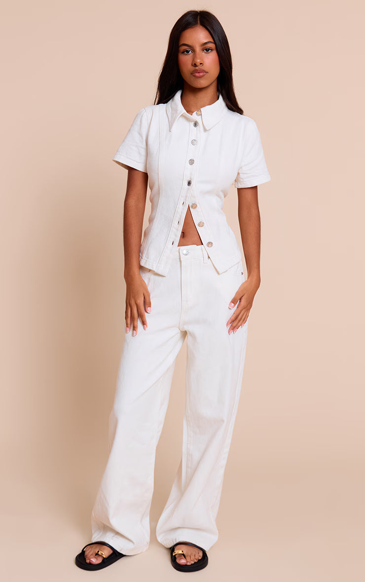 Petite White Denim Button Up Short Sleeve Shirt
