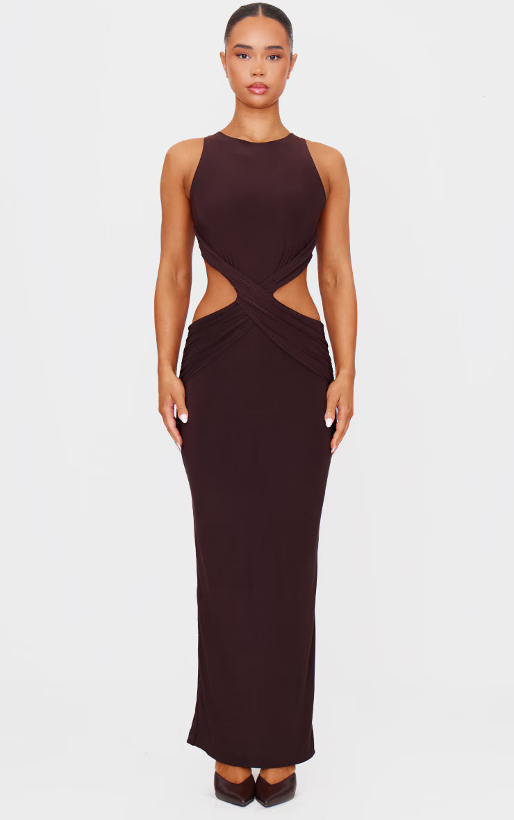 Chocolate Double Layer Slinky Twist Front Maxi Dress