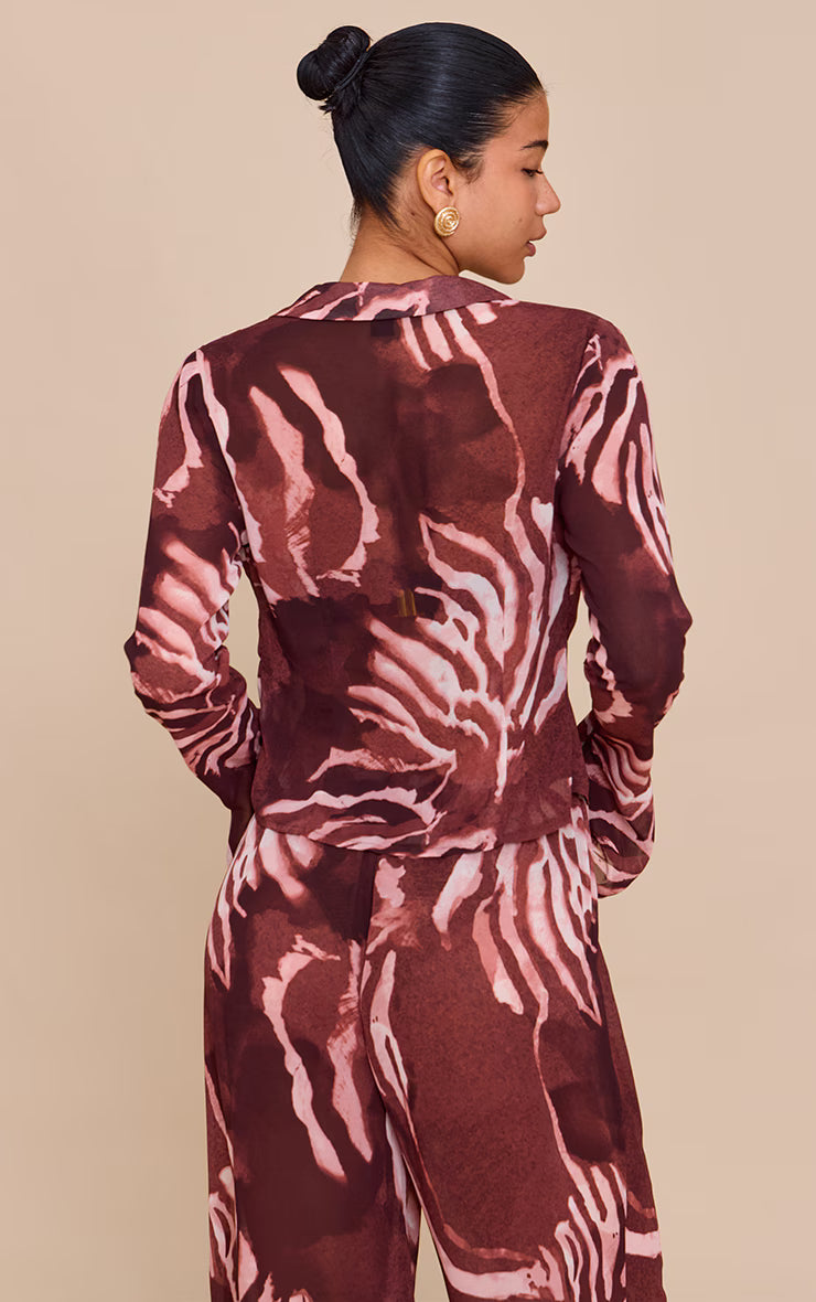 Brown Chiffon Abstract Print Long Sleeve Tie Front Shirt