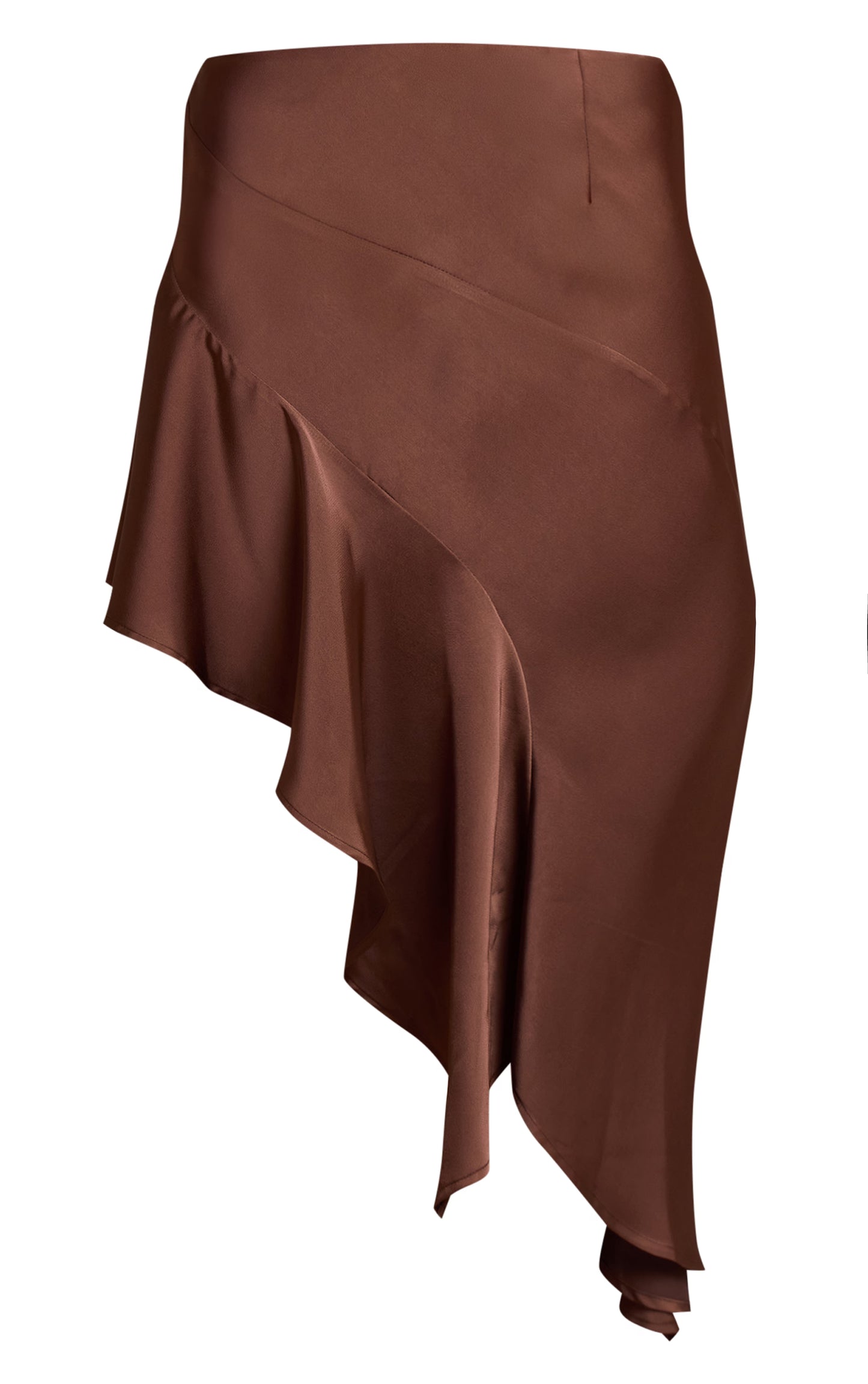 Chocolate Satin Asymmetric Ruffle Midi Skirt